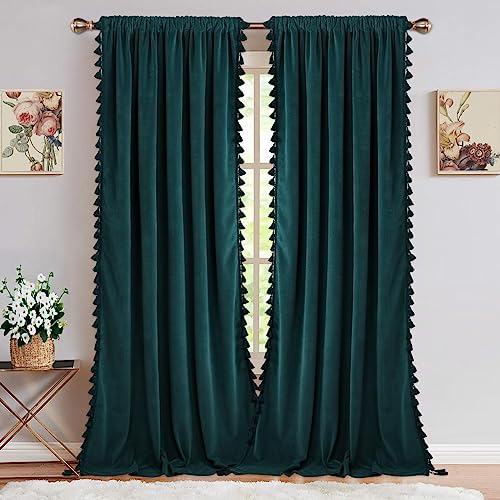 GAOMON Blackout Curtains 63 Inch Length Soft Luxury Velvet Curtains with Tassels Bedroom Decor Thermal Insulated Rod Pocket Blackout Long Curtains Living Room Blackish Green 42''Wx63''L, 2 Panels