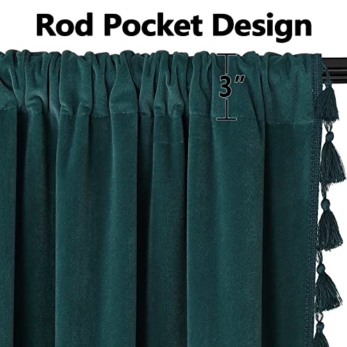 GAOMON Blackout Curtains 63 Inch Length Soft Luxury Velvet Curtains with Tassels Bedroom Decor Thermal Insulated Rod Pocket Blackout Long Curtains Living Room Blackish Green 42''Wx63''L, 2 Panels