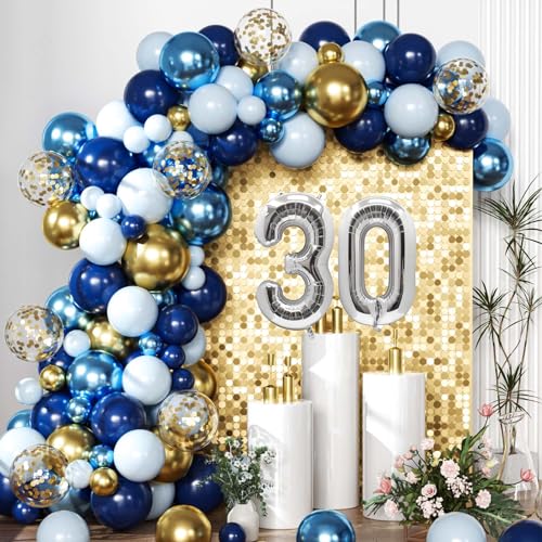 Navy Blue Silver Happy Birthday Party Decorations Set for Men Boys Women Girls, Banner, Crown Balloon, Fringe Curtains, Cake Topper for 1th 16th 18th 30th Party Supplies((blue 30)