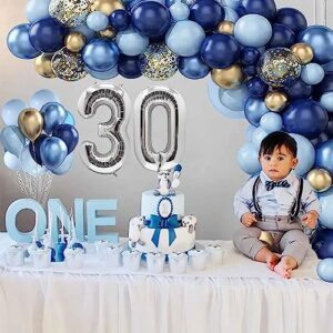 Navy Blue Silver Happy Birthday Party Decorations Set for Men Boys Women Girls, Banner, Crown Balloon, Fringe Curtains, Cake Topper for 1th 16th 18th 30th Party Supplies((blue 30)