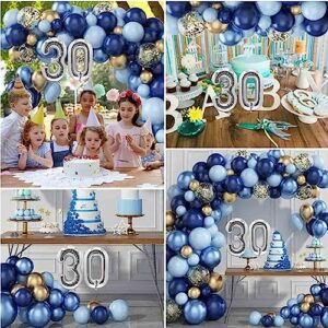 Navy Blue Silver Happy Birthday Party Decorations Set for Men Boys Women Girls, Banner, Crown Balloon, Fringe Curtains, Cake Topper for 1th 16th 18th 30th Party Supplies((blue 30)