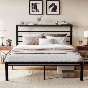 SHA CERLIN Full Size Bed Frame with Headboard Shelf, Heavy Duty Platform Bed Frame with Strong Metal Foundation, No Box Spring Needed, Black