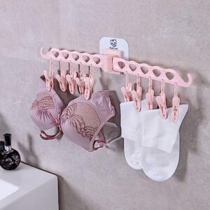 Rotatable Cloth Hanger with 10 Clips, Wall Mount Foldable Clothes Drying Laundry Rack Bra Socks Drying Rack Hooks Bathroom Organizer(Pink)