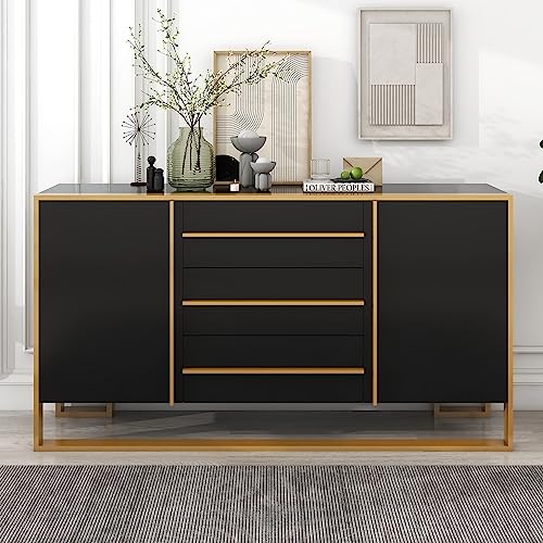 LZ LEISURE ZONE Storage Cabinet, Sideboard Buffet Cabinet with 3 Drawers, Accent Cabinet, Modern Style Sideboard with Large Storage Space and Gold Metal Legs for Living Room and Entryway, Black