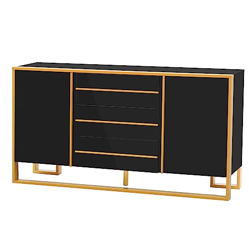 LZ LEISURE ZONE Storage Cabinet, Sideboard Buffet Cabinet with 3 Drawers, Accent Cabinet, Modern Style Sideboard with Large Storage Space and Gold Metal Legs for Living Room and Entryway, Black