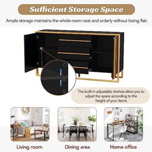 LZ LEISURE ZONE Storage Cabinet, Sideboard Buffet Cabinet with 3 Drawers, Accent Cabinet, Modern Style Sideboard with Large Storage Space and Gold Metal Legs for Living Room and Entryway, Black