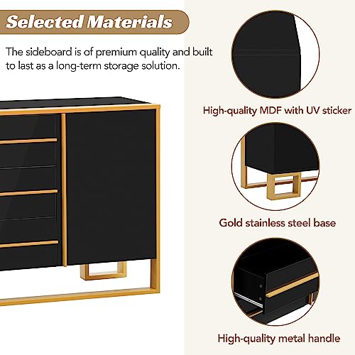 LZ LEISURE ZONE Storage Cabinet, Sideboard Buffet Cabinet with 3 Drawers, Accent Cabinet, Modern Style Sideboard with Large Storage Space and Gold Metal Legs for Living Room and Entryway, Black