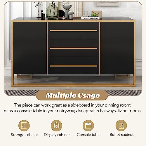 LZ LEISURE ZONE Storage Cabinet, Sideboard Buffet Cabinet with 3 Drawers, Accent Cabinet, Modern Style Sideboard with Large Storage Space and Gold Metal Legs for Living Room and Entryway, Black