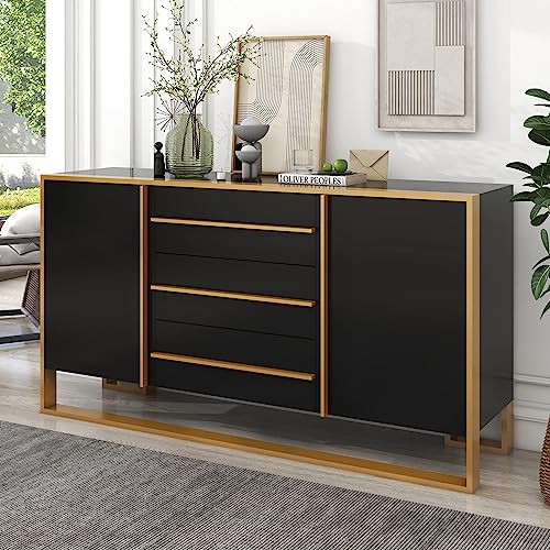 LZ LEISURE ZONE Storage Cabinet, Sideboard Buffet Cabinet with 3 Drawers, Accent Cabinet, Modern Style Sideboard with Large Storage Space and Gold Metal Legs for Living Room and Entryway, Black