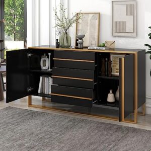 LZ LEISURE ZONE Storage Cabinet, Sideboard Buffet Cabinet with 3 Drawers, Accent Cabinet, Modern Style Sideboard with Large Storage Space and Gold Metal Legs for Living Room and Entryway, Black