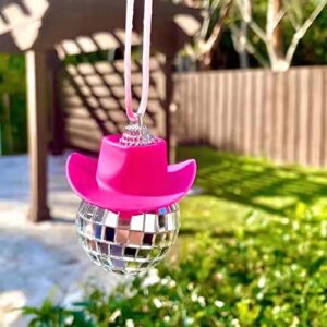 Disco Ball Car Accessory,Pink Disco Ball Car Rear View Mirror Hanging Ornament,Bling Disco Ball Cowboy Hat Car Accessories,Cute Disco Ball for Car Charm,Car Rearview Mirror Decorations Interior