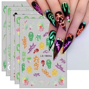 jmeowio 9 sheets halloween glow in the dark nail art stickers decals self-adhesive pegatinas uñas lumious skull ghost spider web bat pumpkin nail supplies nail art design decoration accessories