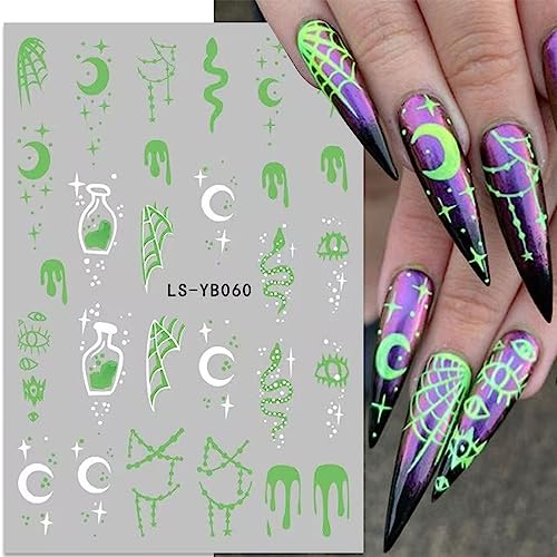 JMEOWIO 9 Sheets Halloween Glow in The Dark Nail Art Stickers Decals Self-Adhesive Pegatinas Uñas Lumious Skull Ghost Spider Web Bat Pumpkin Nail Supplies Nail Art Design Decoration Accessories