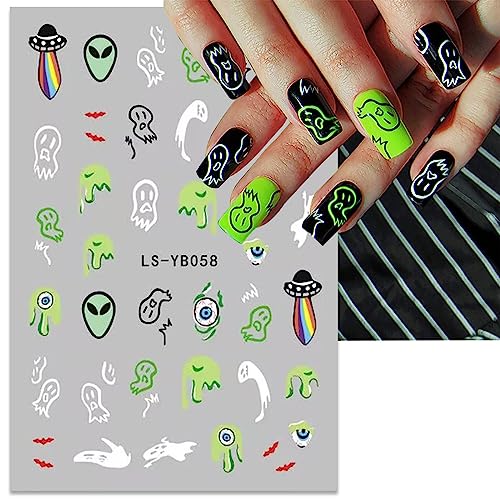 JMEOWIO 9 Sheets Halloween Glow in The Dark Nail Art Stickers Decals Self-Adhesive Pegatinas Uñas Lumious Skull Ghost Spider Web Bat Pumpkin Nail Supplies Nail Art Design Decoration Accessories