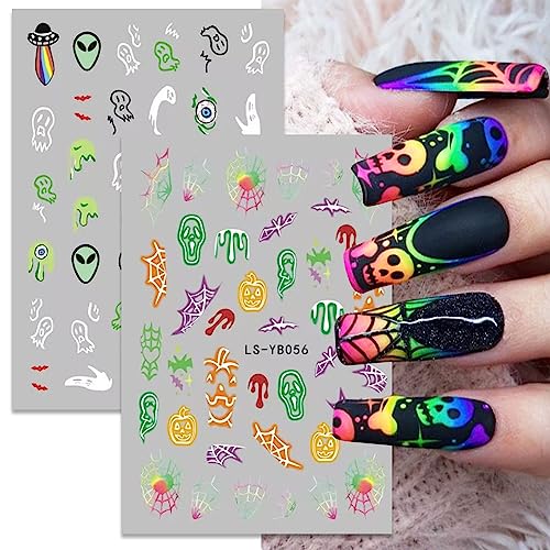 JMEOWIO 9 Sheets Halloween Glow in The Dark Nail Art Stickers Decals Self-Adhesive Pegatinas Uñas Lumious Skull Ghost Spider Web Bat Pumpkin Nail Supplies Nail Art Design Decoration Accessories