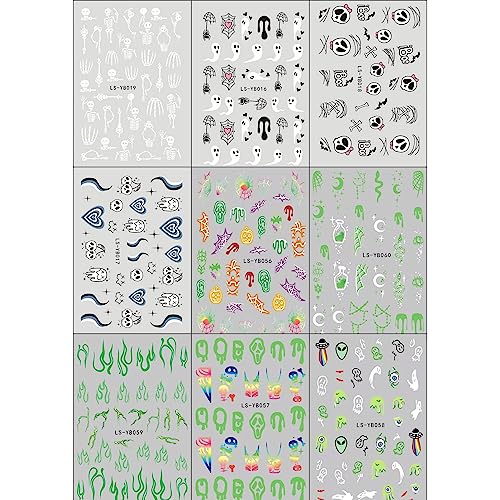 JMEOWIO 9 Sheets Halloween Glow in The Dark Nail Art Stickers Decals Self-Adhesive Pegatinas Uñas Lumious Skull Ghost Spider Web Bat Pumpkin Nail Supplies Nail Art Design Decoration Accessories