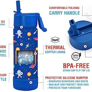 CHILLOUT LIFE 17 oz Kids Insulated Water Bottle for School with Straw Lid Leakproof and Cute Waterproof Stickers, Personalized Stainless Steel Thermos Flask Metal Water Bottle, Blue Space