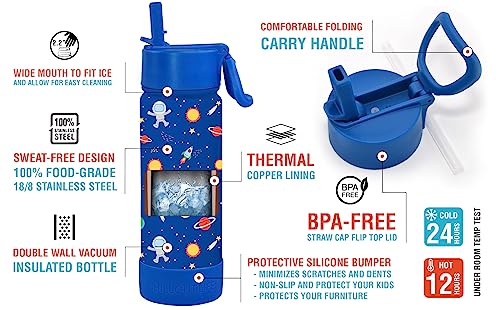 CHILLOUT LIFE 17 oz Kids Insulated Water Bottle for School with Straw Lid Leakproof and Cute Waterproof Stickers, Personalized Stainless Steel Thermos Flask Metal Water Bottle, Blue Space