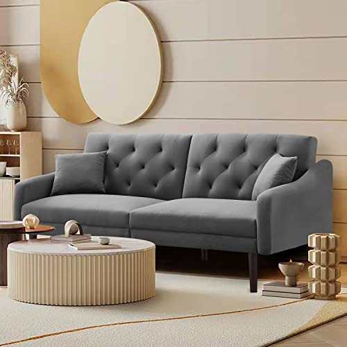 Verfur Convertible Futon Sofa Bed with Sturdy Legs, Button Tufted Foldable Loveseat Sleeper Couch Daybed with Split Backrest for Home Living Room Bedroom Sofabed, Grey 72.8"