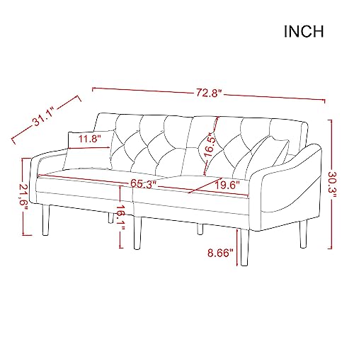 Verfur Convertible Futon Sofa Bed with Sturdy Legs, Button Tufted Foldable Loveseat Sleeper Couch Daybed with Split Backrest for Home Living Room Bedroom Sofabed, Grey 72.8"