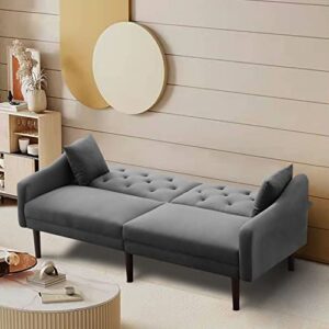 Verfur Convertible Futon Sofa Bed with Sturdy Legs, Button Tufted Foldable Loveseat Sleeper Couch Daybed with Split Backrest for Home Living Room Bedroom Sofabed, Grey 72.8"