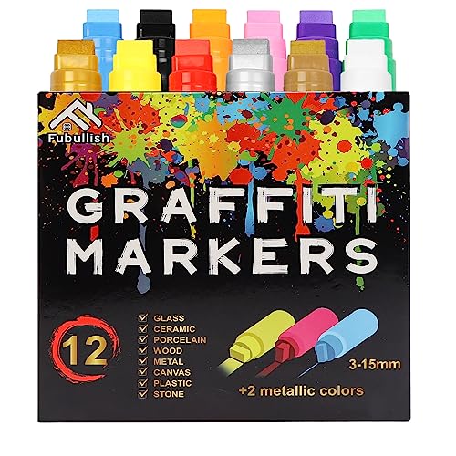 Fubullish 15mm Jumbo Paint Markers, 12 Colors Acrylic Paint Pens for Wood, Canvas, Stone, Rock Painting, Mug, Ceramic, Glass, Metal Surfaces, DIY Crafts Making Art Supplies