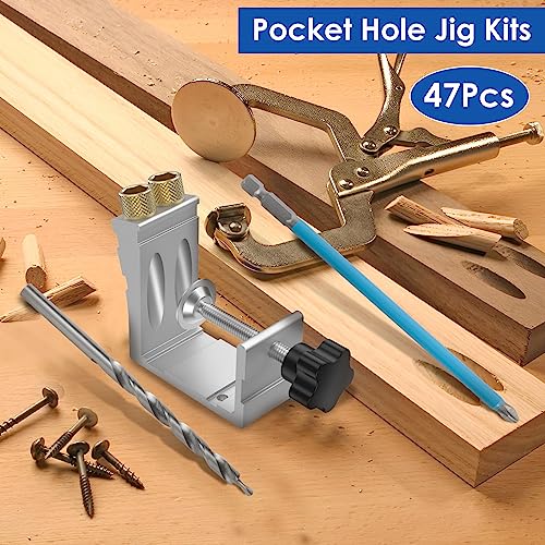 Pocket Hole Jig Kit, 15 Degree Angle Oblique Hole Puncher Locator, High Precision Adjustable Woodworking Drill Guide Tool Kit for DIY Carpentry Projects Portable Unit or Mount to Bench