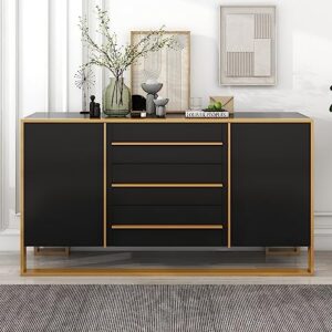 wadri 59" sideboard with 3 drawers and 2 cabinets, wood accent storage cabinet with adjustable shelves and gold metal legs, cabinet console table for living room, home office (black + mdf-a46)