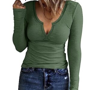 KINLONSAIR Women Casual Long Sleeve Tunic V-Neck Slim Fit T Shirts Basic Tee Tops Crew Neck Ribbed Knit Solid Shirt Army Green