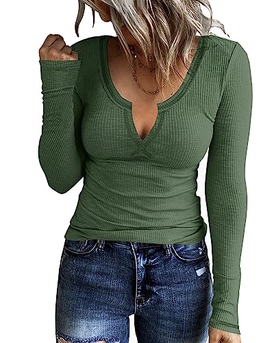 KINLONSAIR Women Casual Long Sleeve Tunic V-Neck Slim Fit T Shirts Basic Tee Tops Crew Neck Ribbed Knit Solid Shirt Army Green