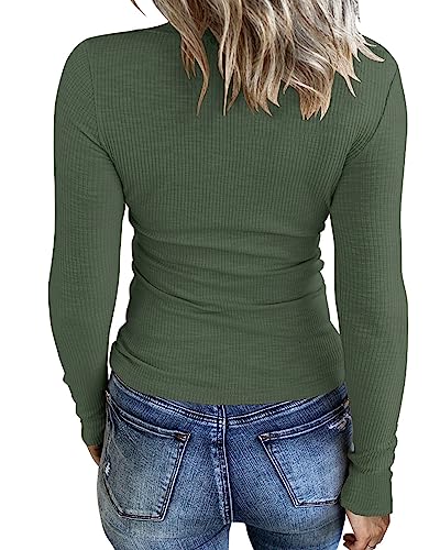 KINLONSAIR Women Casual Long Sleeve Tunic V-Neck Slim Fit T Shirts Basic Tee Tops Crew Neck Ribbed Knit Solid Shirt Army Green