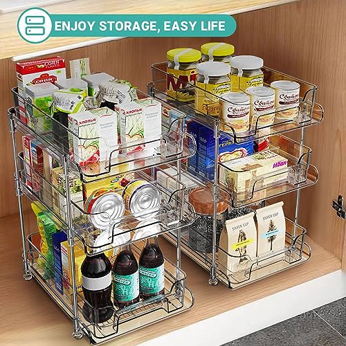 Fulpower 3 Tier Bathroom Organizers with Dividers, Clear Medicine Cabinet Organizer Pull-Out Under Sink Organizers, Multi-Purpose Storage Organizers for Skincare Cosmetic Pantry 2 Pack