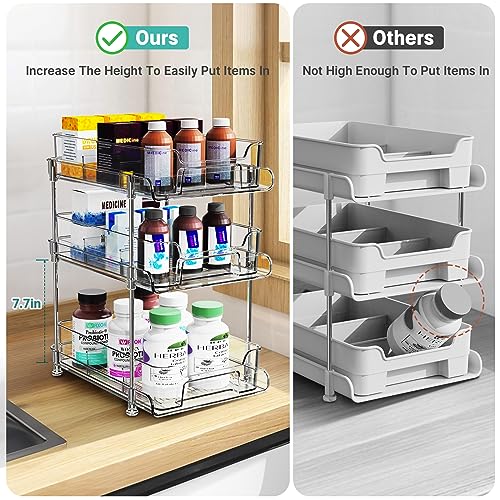 Fulpower 3 Tier Bathroom Organizers with Dividers, Clear Medicine Cabinet Organizer Pull-Out Under Sink Organizers, Multi-Purpose Storage Organizers for Skincare Cosmetic Pantry 2 Pack