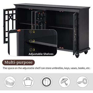 P PURLOVE 60" Long Wood Storage Cabinet with Adjustable Height Shelves,Sideboard Table Cabinet with Metal Handles and 4 Doors for Living Room, Bedroom, and Hallway,Black