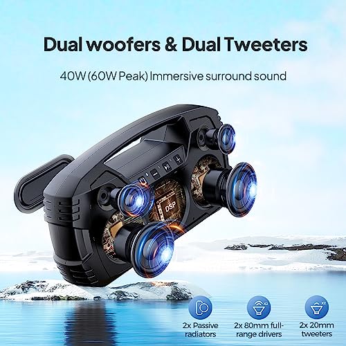 DBSOARS Bluetooth Speaker, Portable Wireless IPX7 Waterproof Speakers, 40W Stereo Sound, Deep Bass, 32H Playtime, Outdoor Speaker with Handle, TWS Pairing, Built-in Power Bank, for Pool, Beach, Party