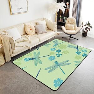 Erosebridal Dragonfly Area Rug 5x7 for Living Room Bedroom, Blue Dragonflies Non Slip Rugs, Botanical Floral Washable Carpet for Lady Girls Women, Flying Animals Wild Animals Indoor Floor Mat, Green