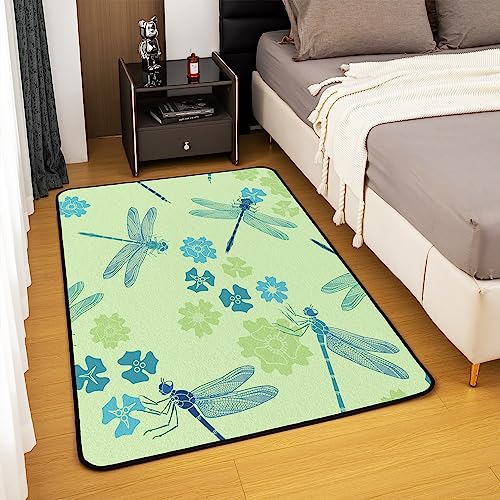 Erosebridal Dragonfly Area Rug 5x7 for Living Room Bedroom, Blue Dragonflies Non Slip Rugs, Botanical Floral Washable Carpet for Lady Girls Women, Flying Animals Wild Animals Indoor Floor Mat, Green