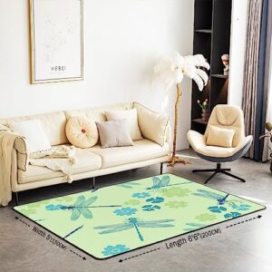 Erosebridal Dragonfly Area Rug 5x7 for Living Room Bedroom, Blue Dragonflies Non Slip Rugs, Botanical Floral Washable Carpet for Lady Girls Women, Flying Animals Wild Animals Indoor Floor Mat, Green