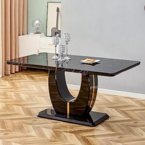 black marble dining table for 4-6 people, 64inch modern kitchen table with faux marble tabletop and hevy-duty u-shape base, large long dining room pedestal table for dining room