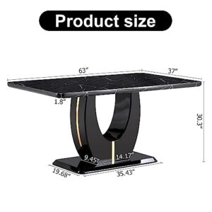 Black Marble Dining Table for 4-6 People, 64inch Modern Kitchen Table with Faux Marble Tabletop and Hevy-Duty U-Shape Base, Large Long Dining Room Pedestal Table for Dining Room