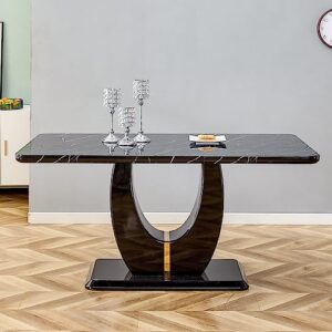Black Marble Dining Table for 4-6 People, 64inch Modern Kitchen Table with Faux Marble Tabletop and Hevy-Duty U-Shape Base, Large Long Dining Room Pedestal Table for Dining Room