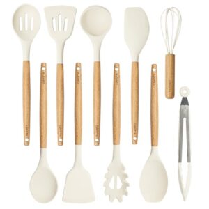 carote silicon cooking utensils set for kitchen,446°f heat resistant 10 pcs non-stick cooking set with wooden handle spatula turner spoon tongs whisk