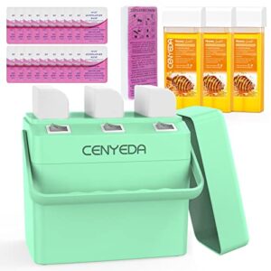 3 in 1 roll on waxing kit, cenyeda hair removal triple roll-on wax warmer with 3 honey wax cartridge depilatory wax roller refill for legs arms and underarm, upgrade heating system-just 13 mins(green)