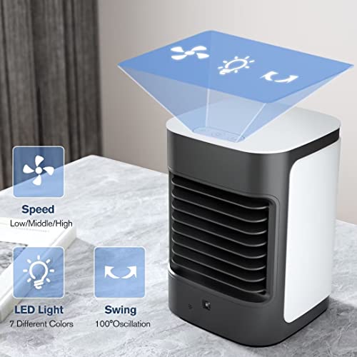 Portable Air Conditioners, 3-IN-1 Mini Air Conditioner With USB Charging, 100° Oscillating, 3 Speeds & 7 Color LED Lights, Personal Cooling Fan For Bedroom Dorm Table Office Outdoors, Black