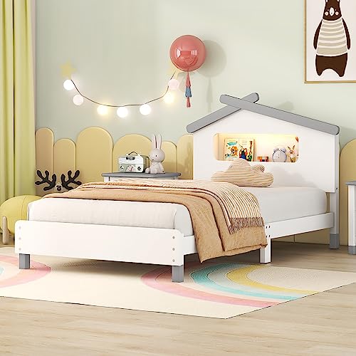 Merax Kids Mordern House Beds Frame with Motion Light Twin, Wood Low Bed for Boys,Girls, No Box Spring Need (Twin, White+Gray)