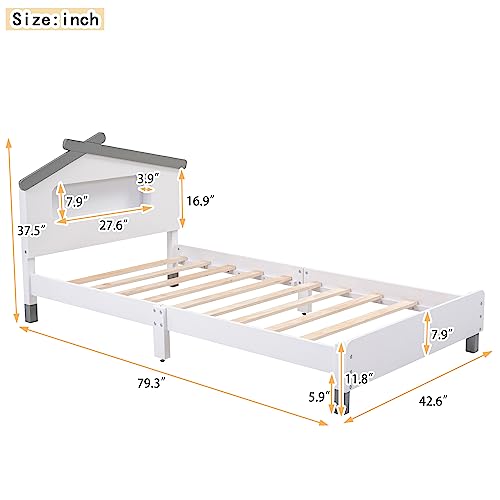 Merax Kids Mordern House Beds Frame with Motion Light Twin, Wood Low Bed for Boys,Girls, No Box Spring Need (Twin, White+Gray)