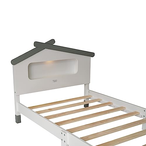 Merax Kids Mordern House Beds Frame with Motion Light Twin, Wood Low Bed for Boys,Girls, No Box Spring Need (Twin, White+Gray)