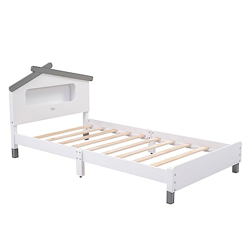 Merax Kids Mordern House Beds Frame with Motion Light Twin, Wood Low Bed for Boys,Girls, No Box Spring Need (Twin, White+Gray)