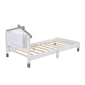 Merax Kids Mordern House Beds Frame with Motion Light Twin, Wood Low Bed for Boys,Girls, No Box Spring Need (Twin, White+Gray)