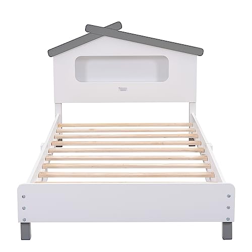 Merax Kids Mordern House Beds Frame with Motion Light Twin, Wood Low Bed for Boys,Girls, No Box Spring Need (Twin, White+Gray)